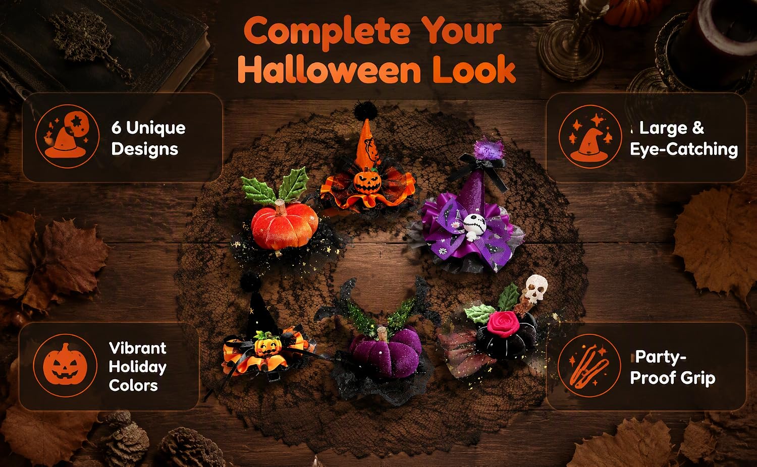Text reads "Complete Your Halloween Look", "Unique Hair Color", "Large &amp; Comfortable", "Party Supplies". Halloween-themed arrangement showing orange text labels with pumpkins and purple decorative flowers on dark background.