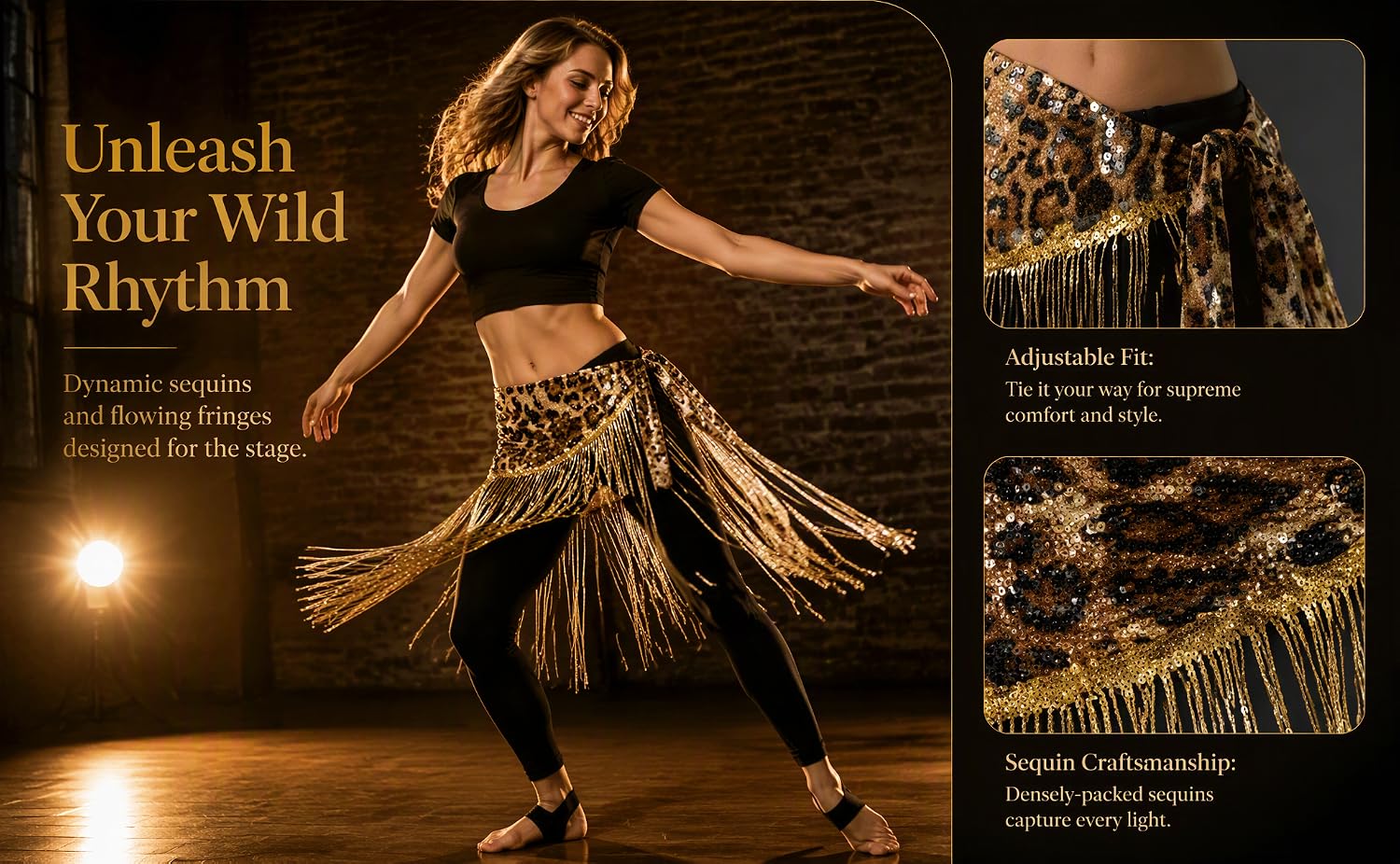 Text reads "Unleash Your Wild Intuition" with additional promotional text visible. Image shows a woman in gold belly dance costume with arms raised in dynamic pose against dark background with warm lighting.