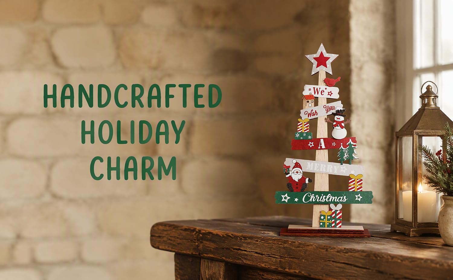 Text reads 'HANDCRAFTED HOLIDAY CHARM.' Small decorative Christmas tree figurine with red, white, and green embellishments on wooden shelf with lantern and neutral background.
