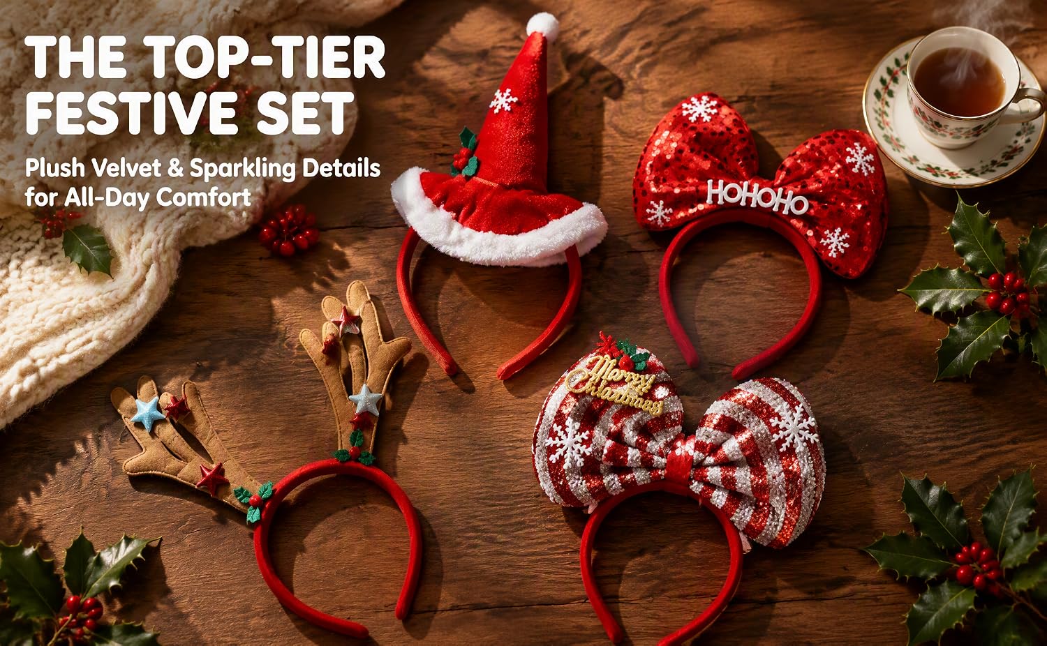Text reads: 'THE TOP-TIER FESTIVE SET', 'Perfect Holidays Decking Details', 'Perfect for Holiday Parties'. Flat-lay display of red and white Christmas decorations including ornaments, headbands, candles, and festive accessories on wooden surface.