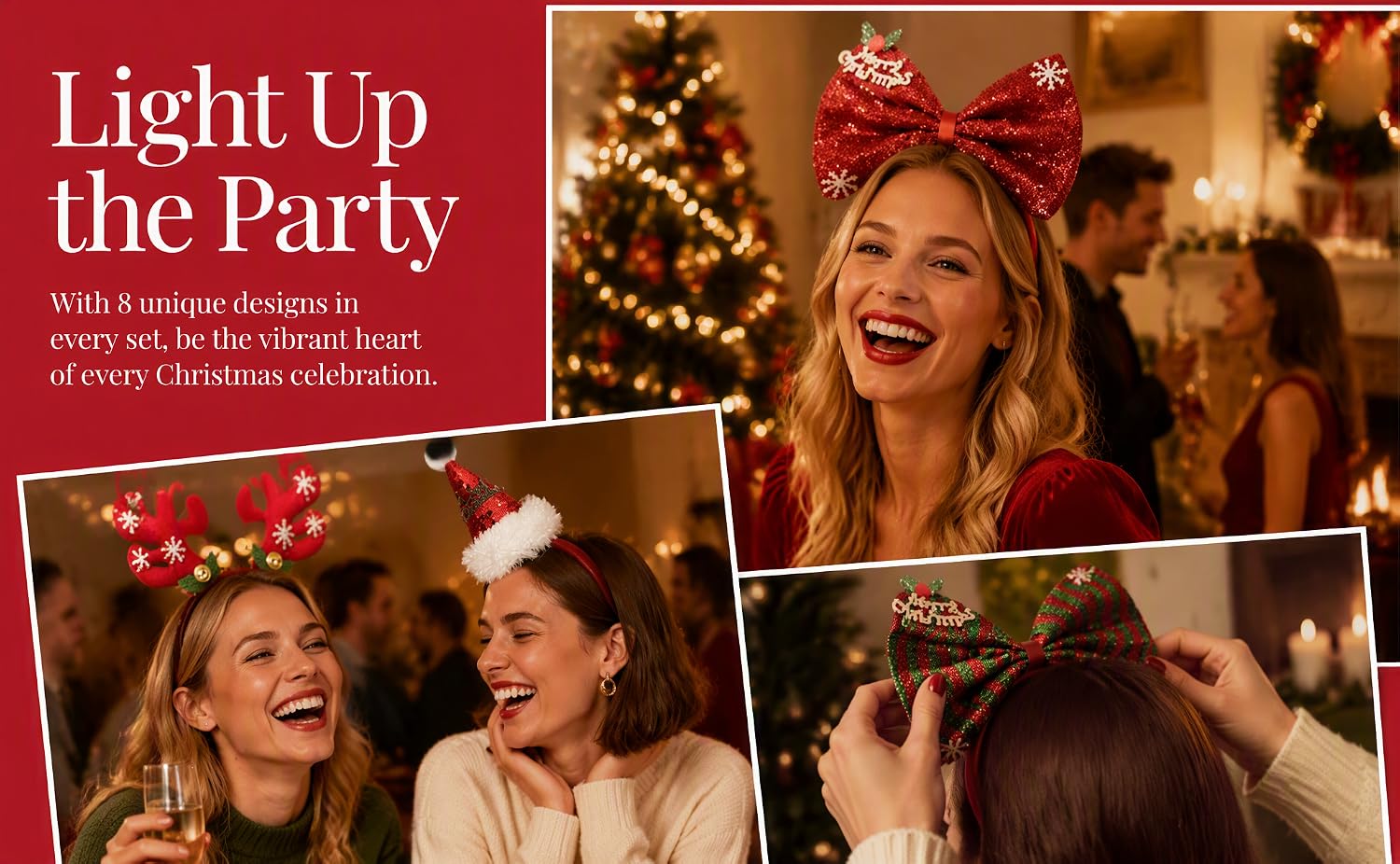 Text reads 'Light Up the Party'. Holiday party promotional image with smiling woman wearing festive headband and three photos of people at decorated celebrations with twinkling lights.
