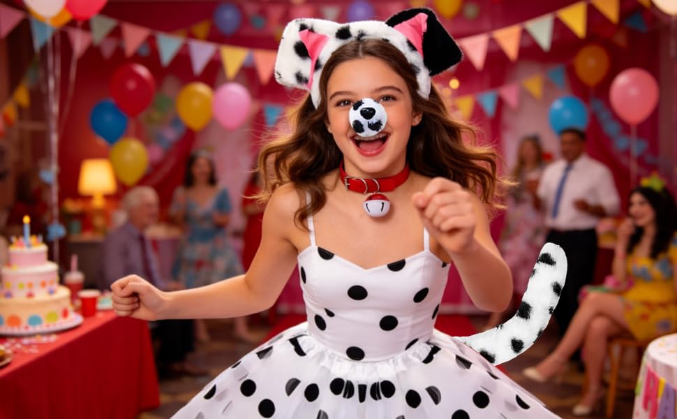 Woman wearing black and white polka dot dress and cat-eye sunglasses at festive party with colorful blurred bokeh lights in background.
