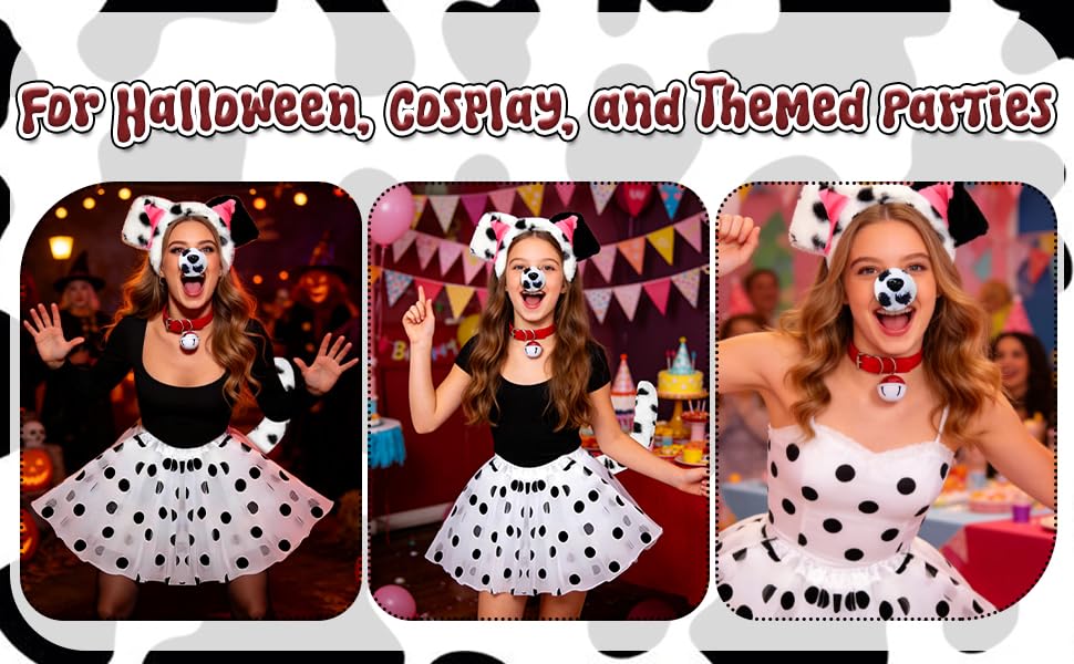 Text reads 'For Halloween, Cosplay, and Themed Parties'. Three panels showing people wearing dalmatian-spotted costumes with black and white face paint and theatrical makeup.