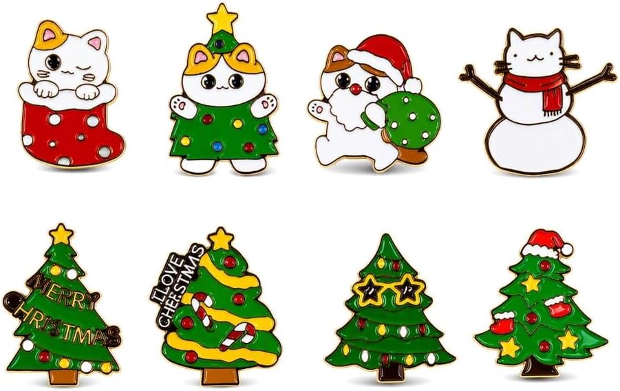8 Pcs Christmas Brooch Pin Set Cartoon Cat Christmas Tree