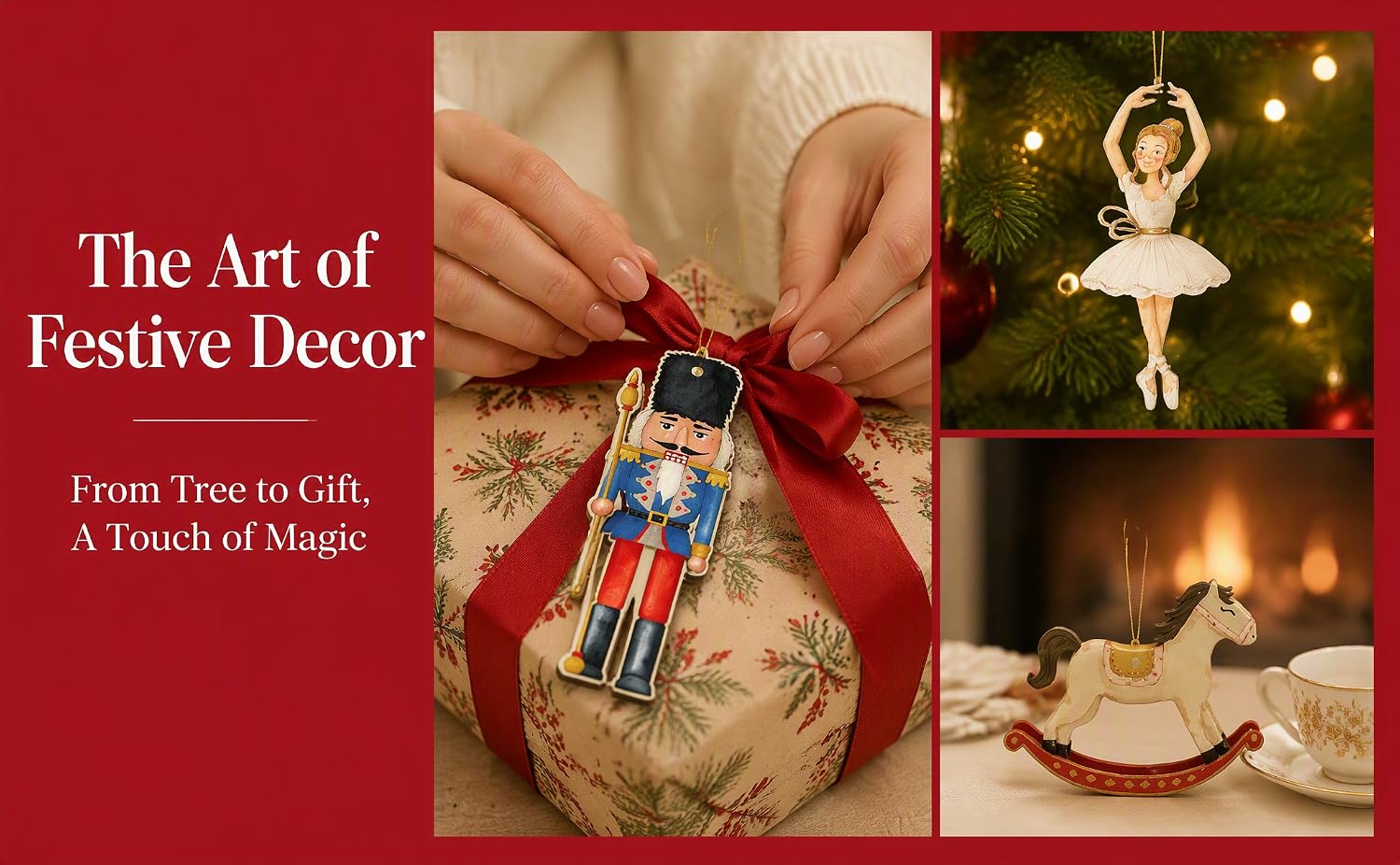 Text reads 'The Art of Festive Decor', 'From Tree to Gift: A Touch of Magic'. Red-background holiday theme featuring wrapped gift boxes, wooden ornaments, decorative baubles, and ballerina figurine showcasing festive decoration styling and arrangement ideas.