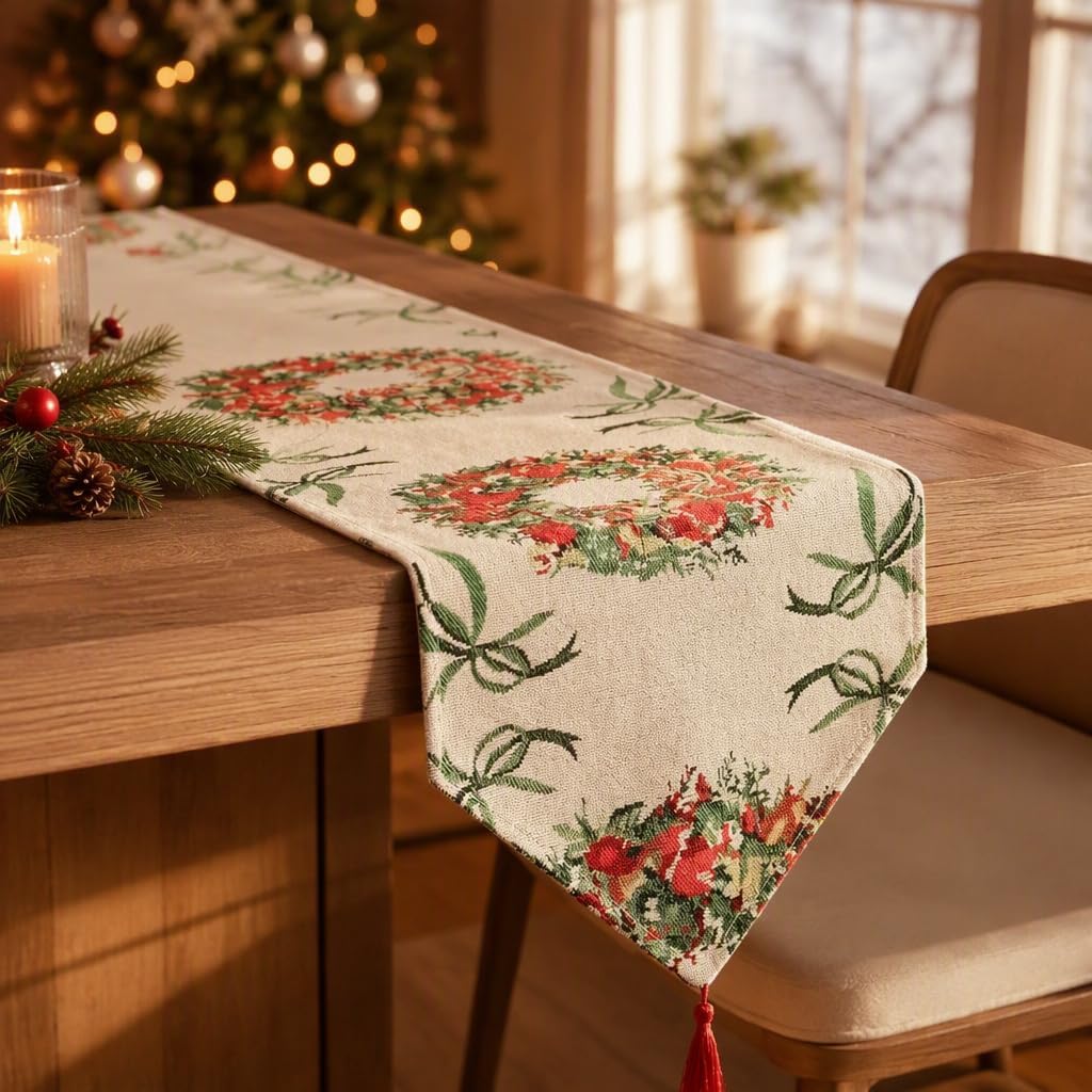 Christmas Table Runner 33×180 cm,Christmas Wreath Designs