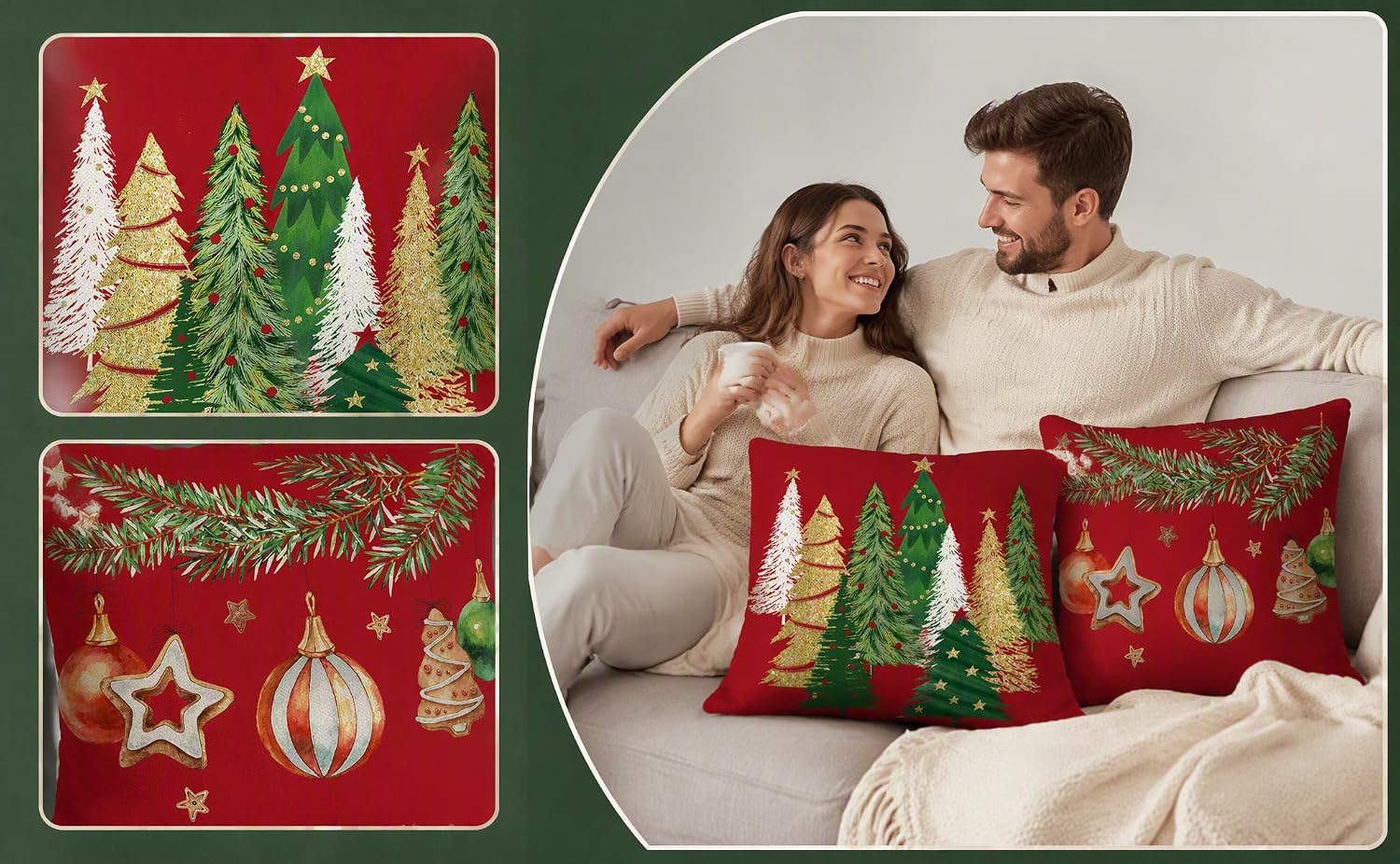 Christmas decorative pillows displayed on bed and in close-up panels. Red pillows feature festive green Christmas tree designs and gold ornament patterns. Couple sits together on bed with themed pillows.