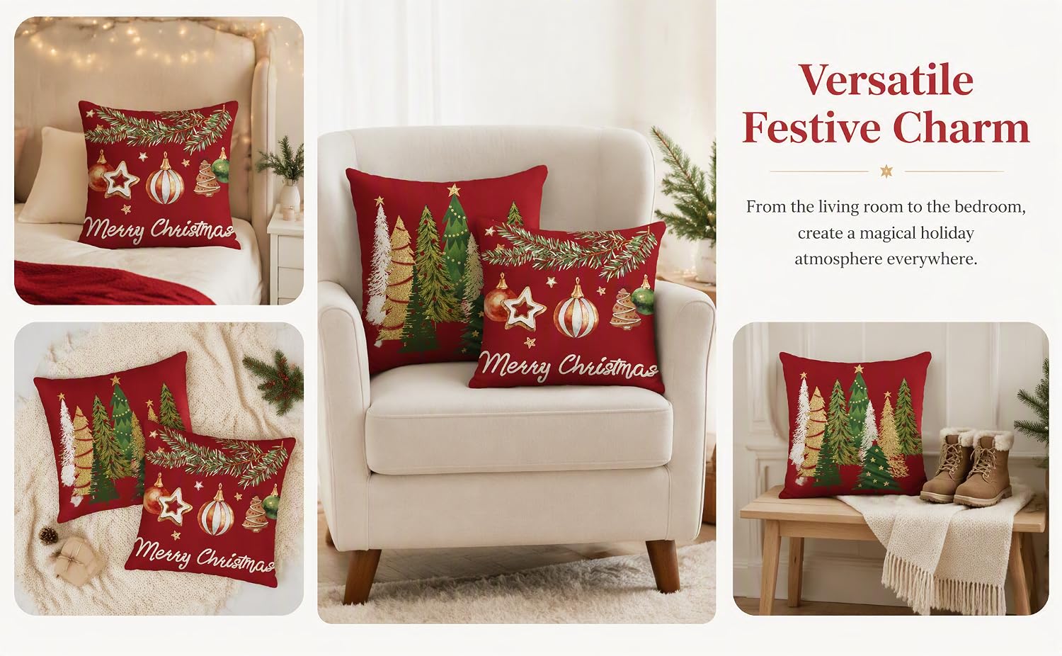 Text reads 'Versatile Festive Charm'. Red and green holiday-patterned throw pillows with festive designs displayed on cream-colored sofa and furniture pieces.