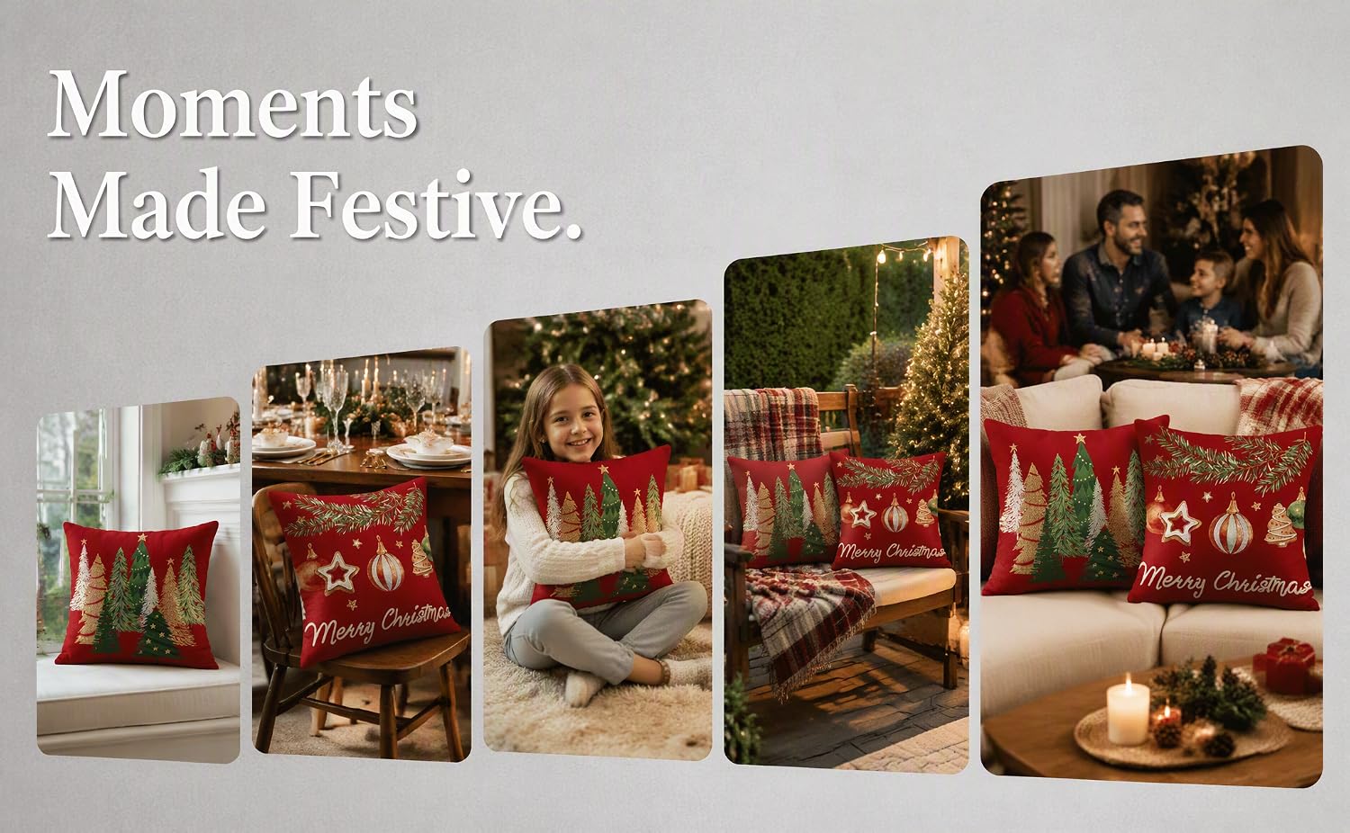 Text reads "Moments Made Festive.". Four festive holiday decoration scenes featuring wrapped gifts, floral arrangements, candles, and seasonal home décor displays.
