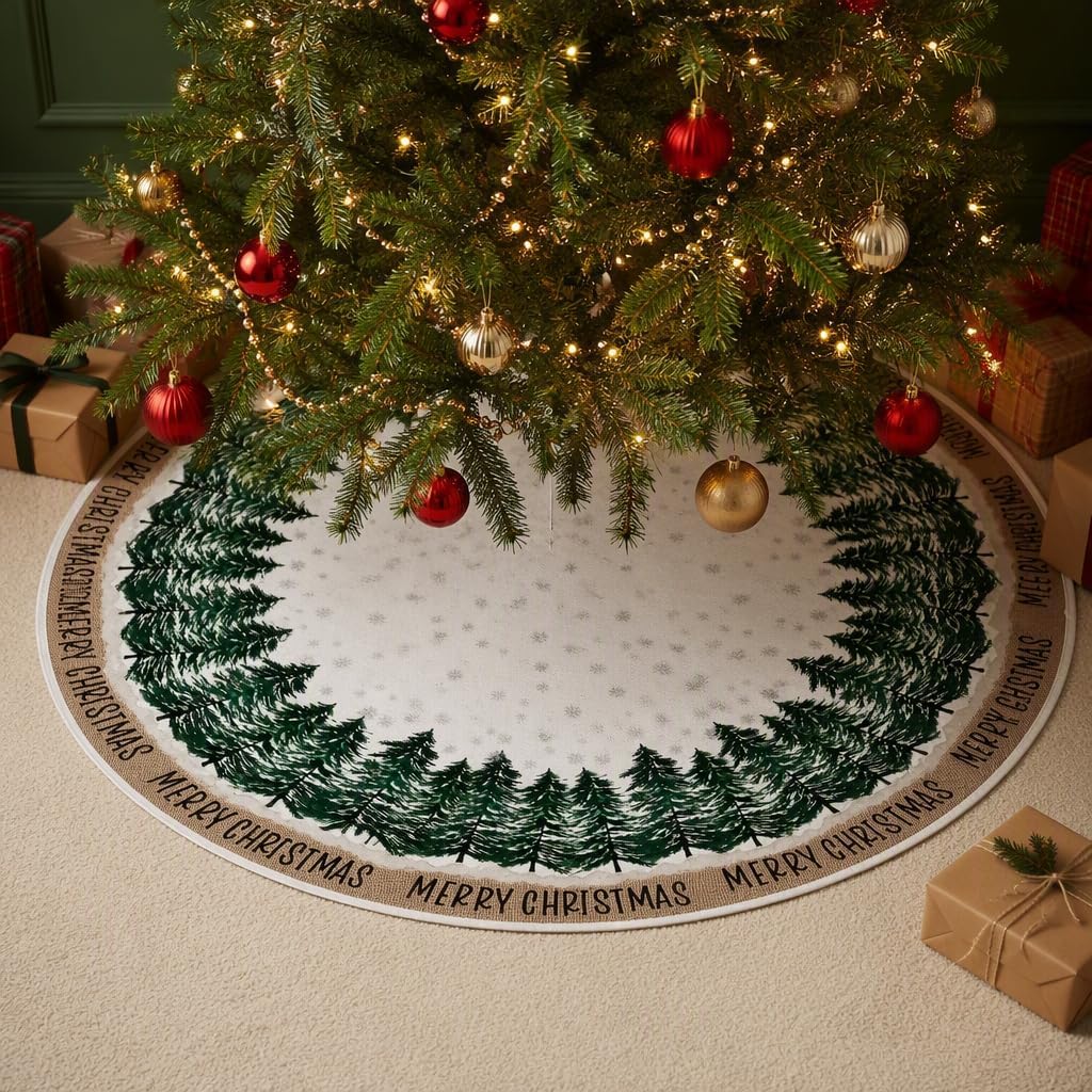 48 Inch Christmas Tree Skirt Pine Trees Snowflake Linen Mat