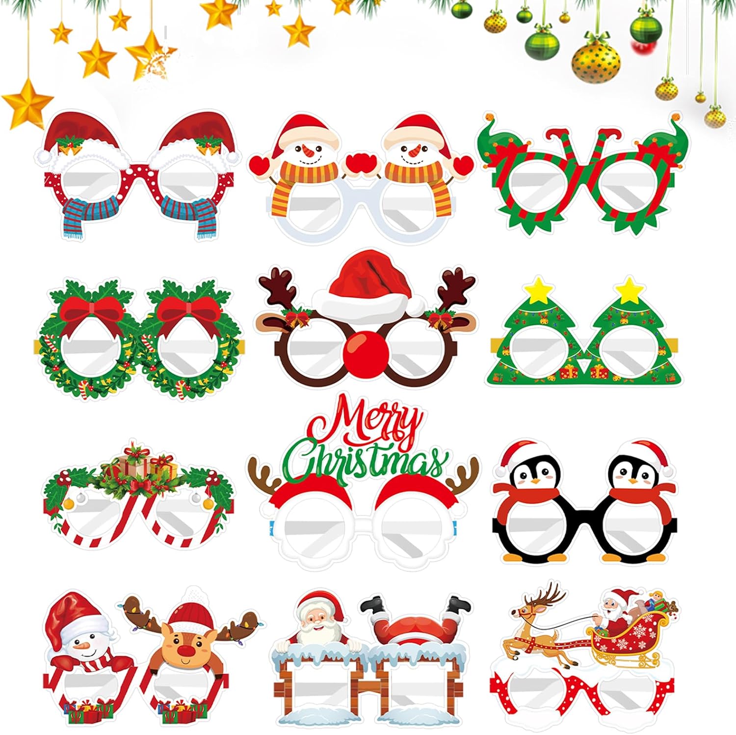 12PCS Novelty Christmas Glasses,Paper Glasses Photo Props