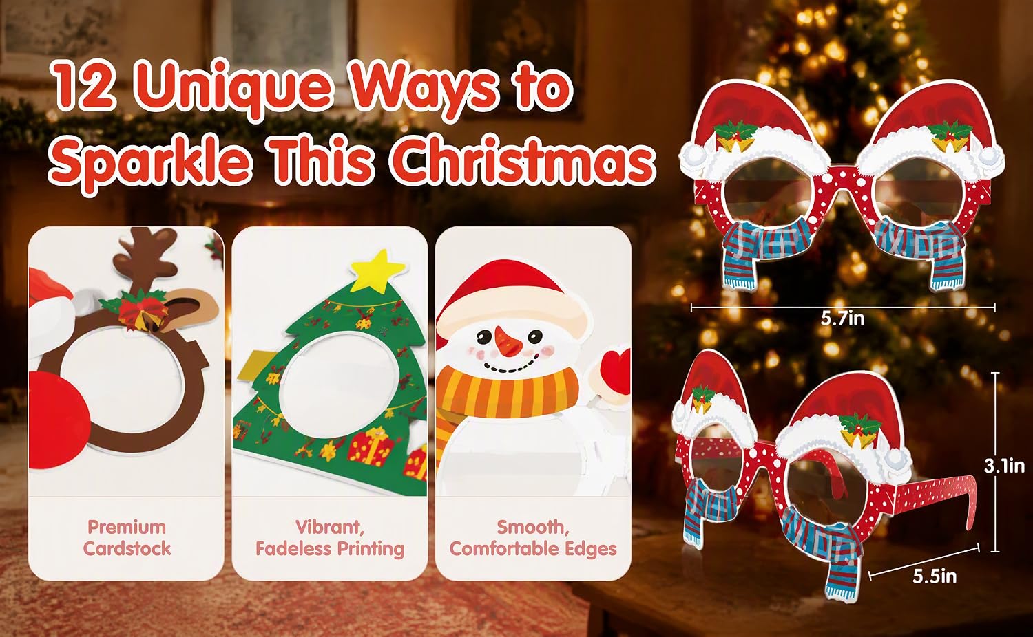 Text reads '12 Unique Ways to Sparkle This Christmas'. Three kraft gift boxes with holiday decorations (wreath, snowman, ornament designs) displayed left; decorated Christmas tree with red ornaments on right side.