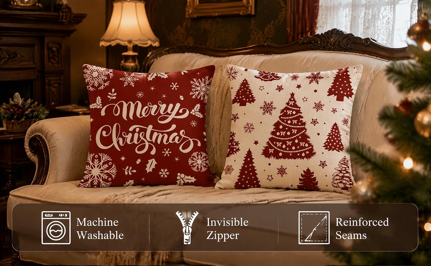 Text reads "Merry Christmas" on burgundy pillow and decorative Christmas tree pattern on cream pillow. Icons below state "Machine Washable", "Invisible Zipper", "Reinforced Seams". Holiday-themed throw pillows displayed on brown sofa with Christmas tree decoration.