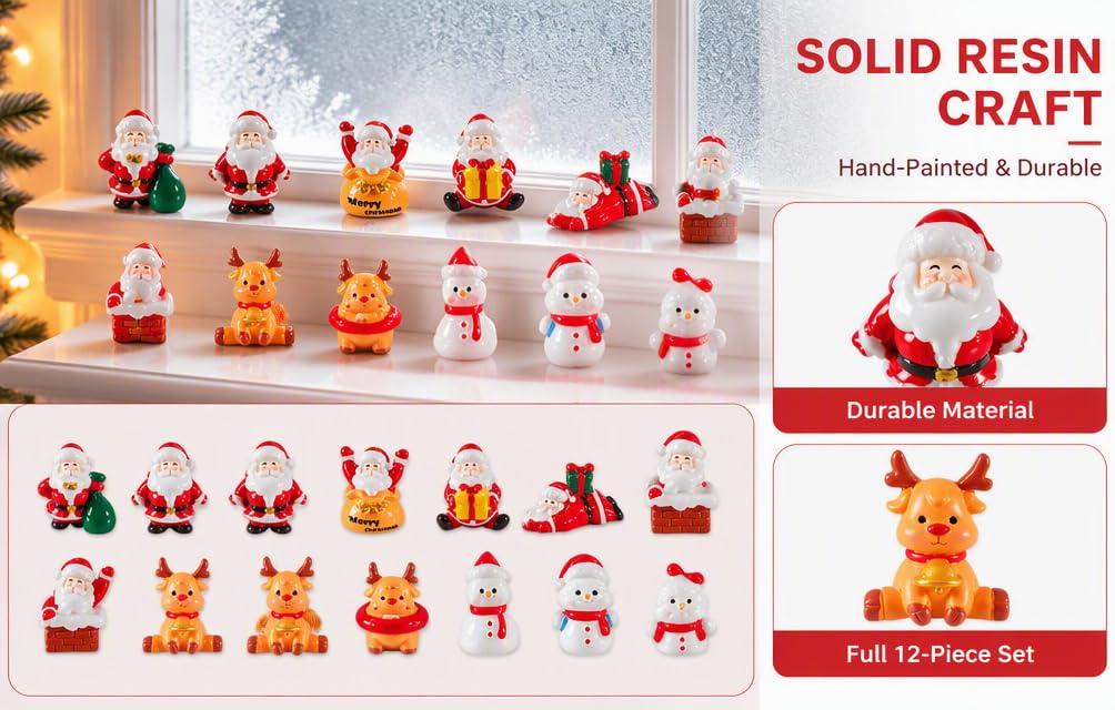 Text reads "SOLID RESIN CRAFT", "Hand Painted &amp; Durable", "Deluxe Holiday", "Full 12-Piece Set". Display of 24 small solid resin holiday figurines including Santa, reindeer, snowmen, and festive characters arranged in rows on white shelf.