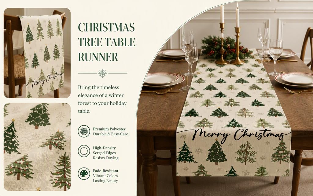 Text reads 'CHRISTMAS TREE TABLE RUNNER' with product features listed. Images show white table runner with green tree and snowflake pattern, displayed on dining table in home setting.