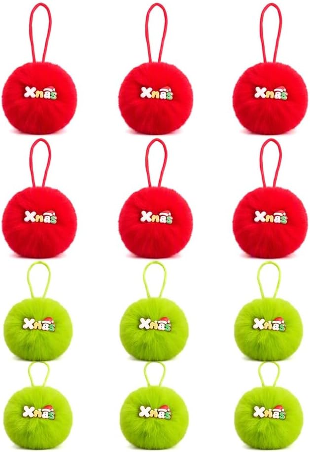 12 PCS Christmas Furry Baubles with 'Xmas',Red*6+Green*6