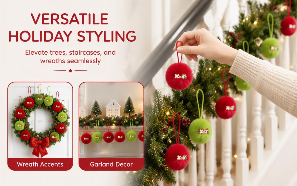 Text reads "VERSATILE HOLIDAY STYLING", "Elevate trees, storefronts, and wreaths seamlessly", "Wreath Accents", "Garland Decor." Red and green Christmas decorative elements including ornaments, garland, and wreath components displayed against white railing and greenery.