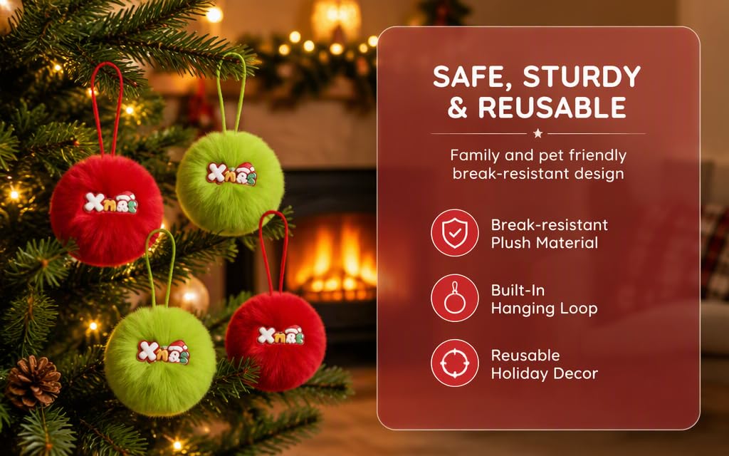Text reads 'SAFE, STURDY &amp; REUSABLE' with 'Family and pet-friendly recyclable materials' and icons for 'Brush-resistant Plush Material', 'Durable Hanging Loop', 'Reusable Holiday Decor'. Colorful ornaments displayed on Christmas tree with fireplace background.