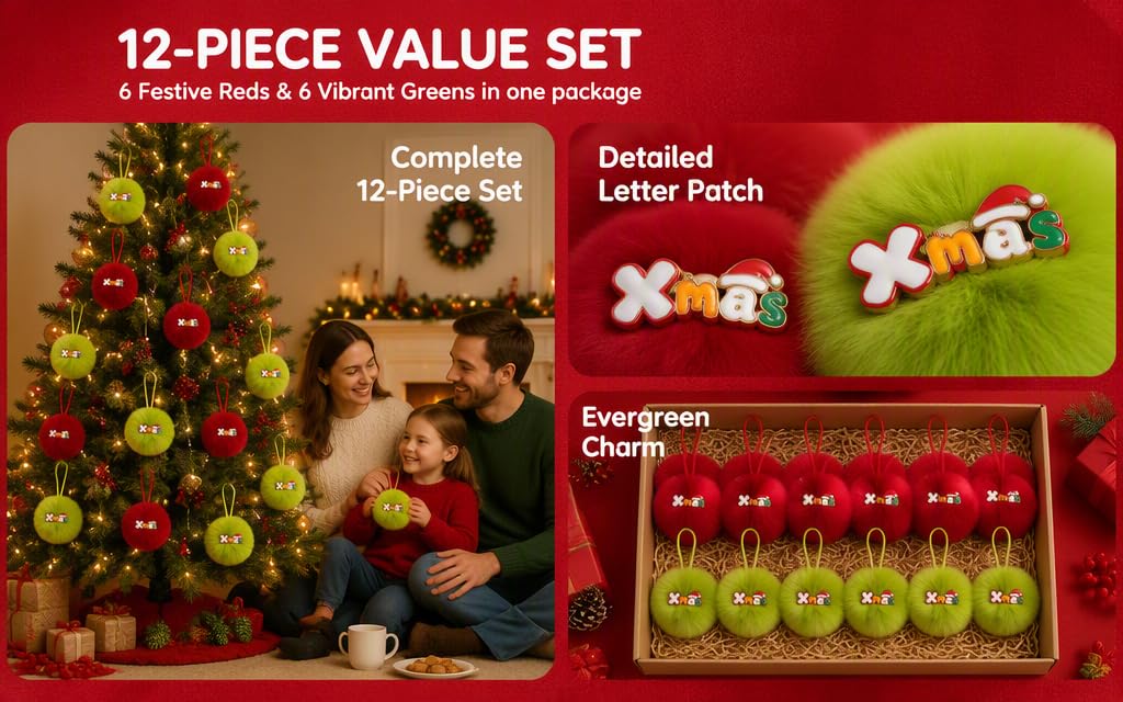Text reads '12-PIECE VALUE SET' with product images showing festive floral arrangement, decorative patches, and seasonal ornaments on red background.