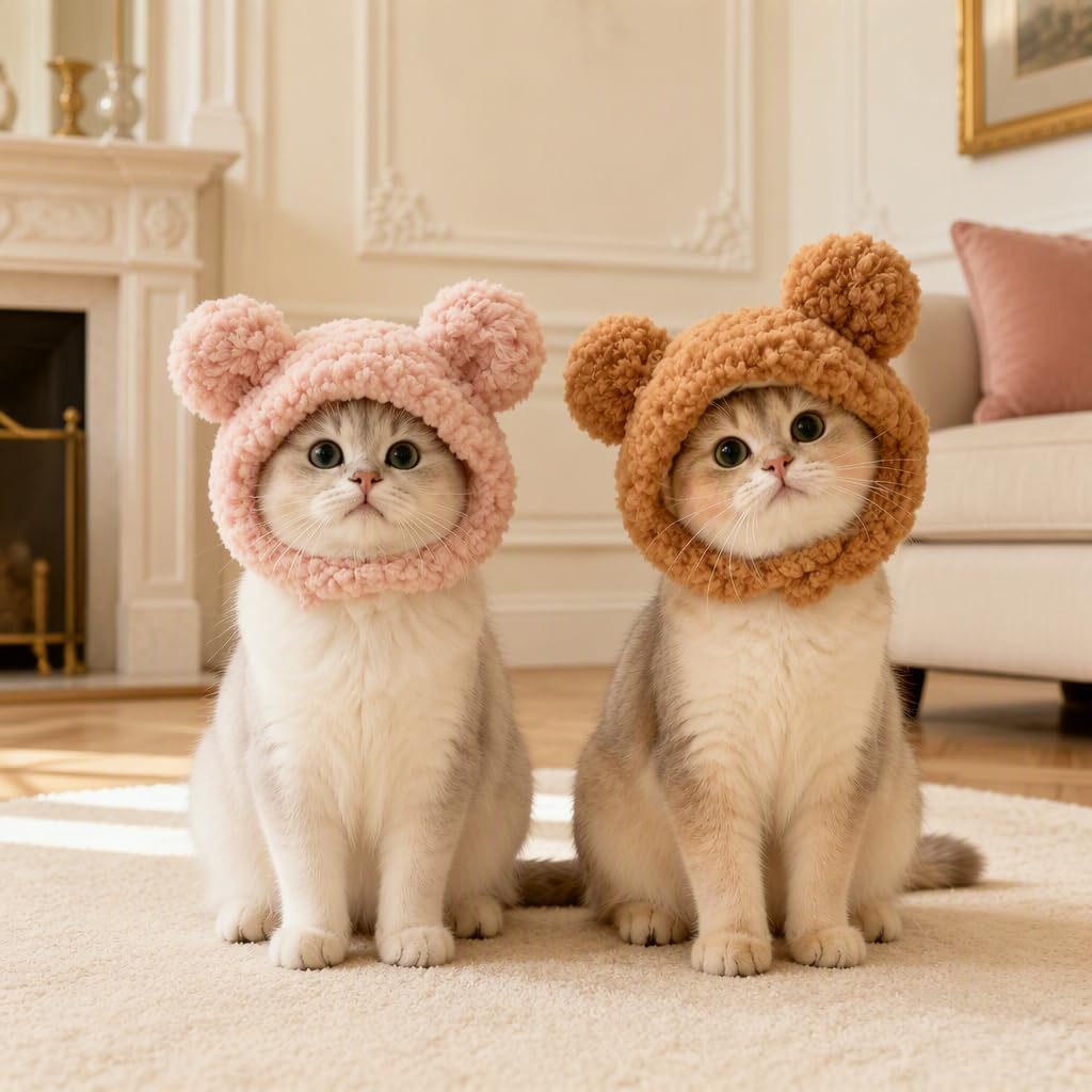 2PCS Bear Pet Plush Hat for Cat Dog,Small Pet Head Cover