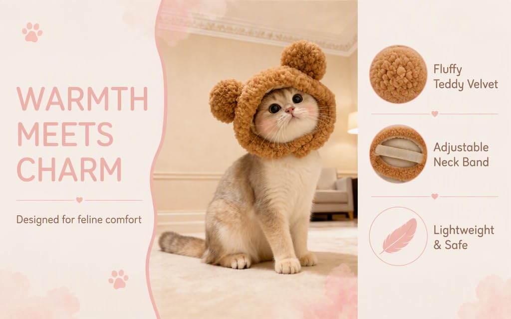 Text reads "WARMTH MEETS CHARM" with tagline "Designed for home comfort." Image shows teddy bear-shaped heating pad with plush brown fur exterior. Features include adjustable neck band, durable construction, and portable heat comfort product for indoor use.
