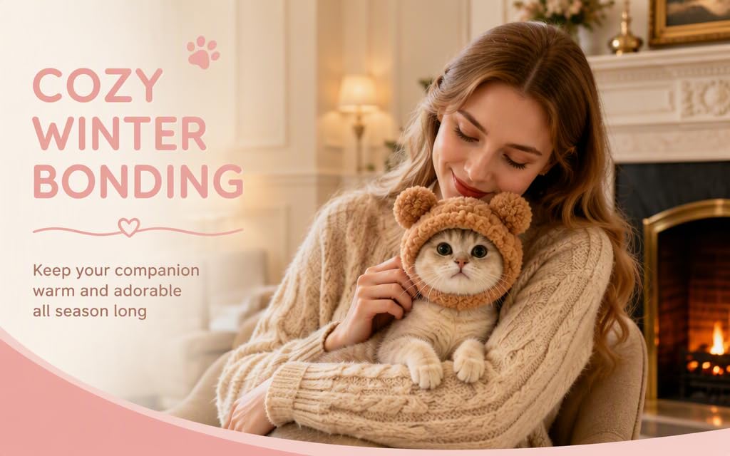 Text reads 'COZY WINTER BONDING' with 'Keep your companion warm and adorable all season long' tagline. Woman in beige sweater holding small dog by fireplace.