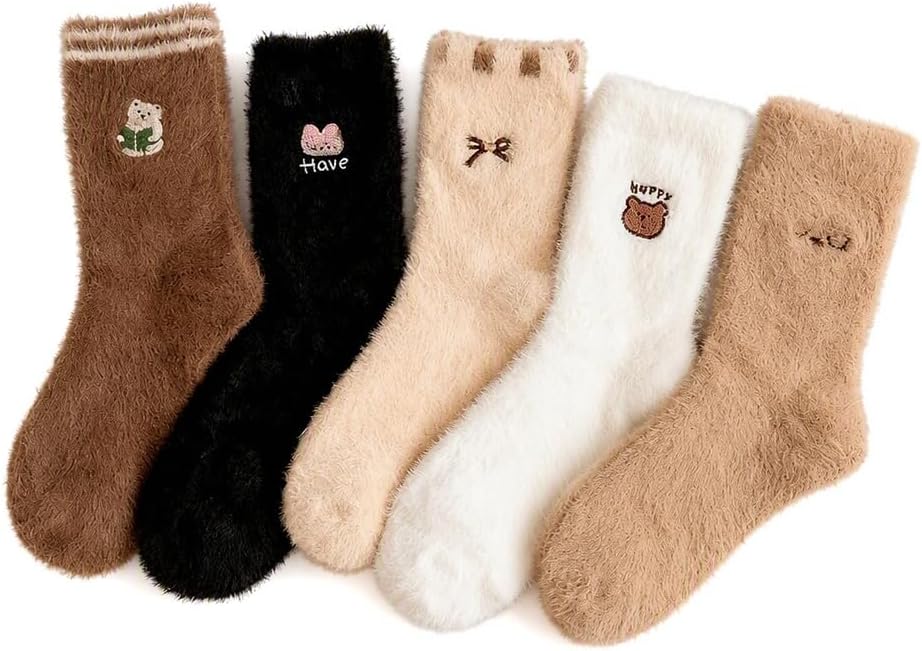 5Pairs Cartoon Fluffy Socks,Winter Soft Fuzzy Thermal Socks