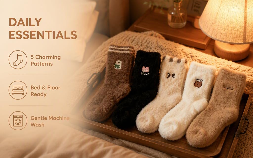 Text reads 'DAILY ESSENTIALS', '5 Charming Patterns', 'Cozy &amp; Plush Ready', 'Gentle Machine Wash'. Collection of four neutral-toned socks displayed in woven basket.