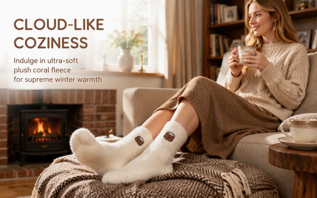 Text reads 'CLOUD-LIKE COZINESS' and 'Indulge in our plush cloud fleece for the ultimate comfort'. Woman seated by fireplace wearing cream-colored fleece socks or slippers, emphasizing soft comfort.