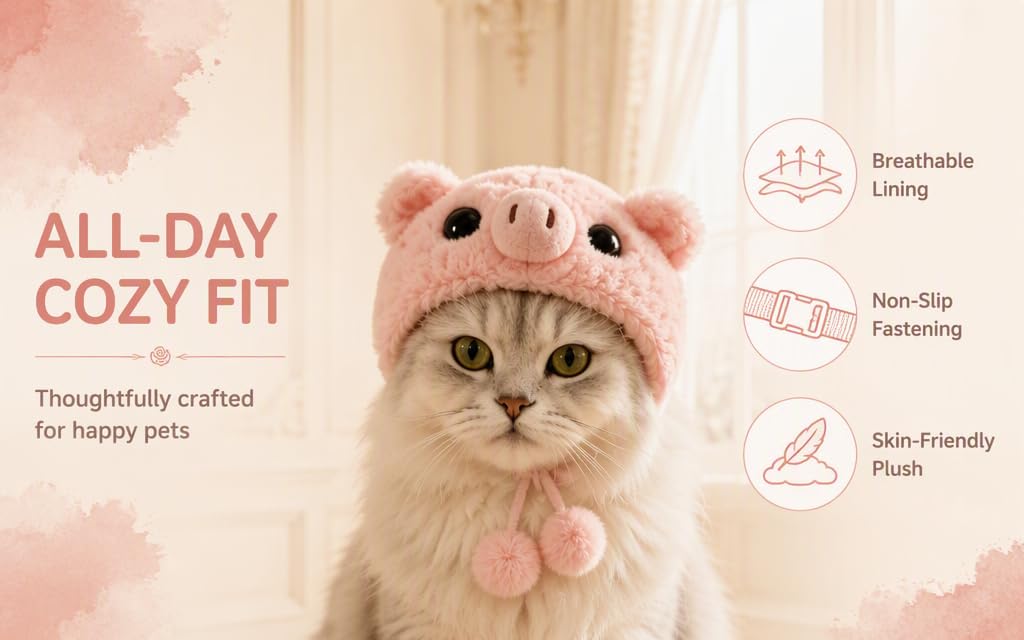 Text reads 'ALL-DAY COZY LIVING' 'Thoughtfully crafted for happy pets' 'Breathable Lining' 'Non-Slip Fastening' 'Skin-friendly Plush.' Cat wearing pink knitted hood with ears; product features highlighted with circular icons on peach-toned background.