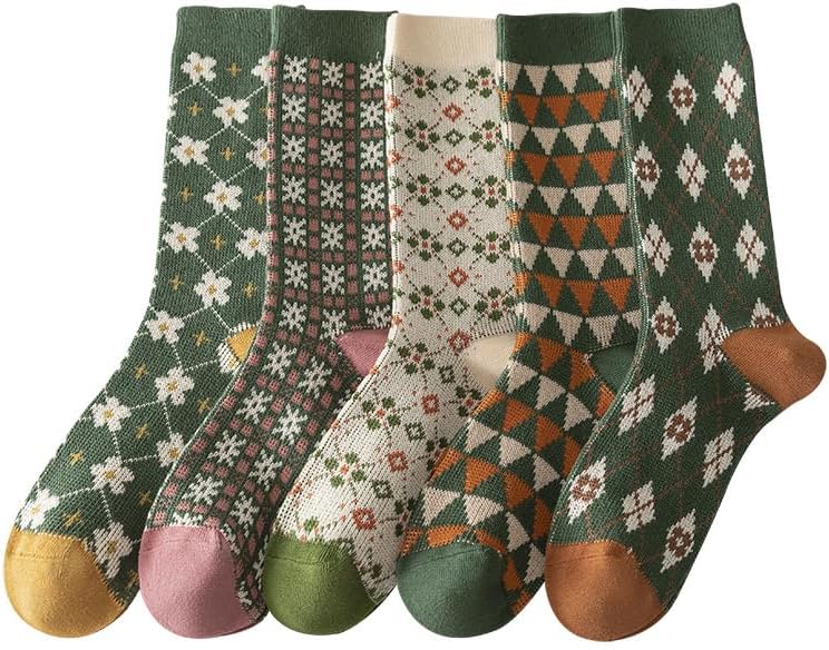 5 Pairs Women's Vintage Green Socks,Xmas Cotton Socks,UK4-9