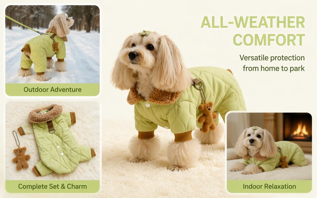 Text reads "ALL-WEATHER COMFORT" and "keep your pup happy from home to park". Multiple photos showing dog wearing green/yellow raincoat in various outdoor conditions and indoor settings.