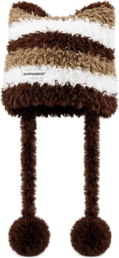 Cat Ear Beanie with Hanging Fur Ball,Peruvian Hat