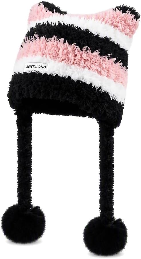 Cat Ear Beanie with Hanging Fur Ball,Peruvian Hat