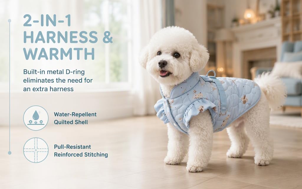 Text reads '2-IN-1 HARNESS &amp; WARMTH Built in toggle D-ring and reflective piping for extra harness' with water-repellent and pull-resistant features noted. Small white dog wearing blue quilted harness jacket.