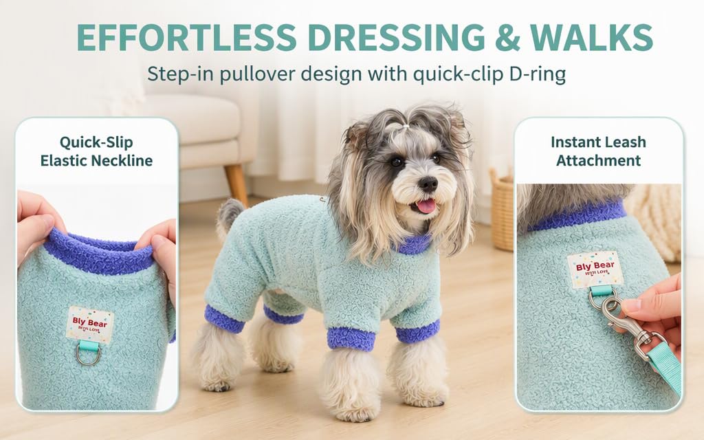 Text reads 'EFFORTLESS DRESSING &amp; WALKS' with 'Quick-Slip Elastic Harness' and 'Instant Leash Connection' labels. Small white dog wearing blue harness shown in three views demonstrating dressing ease and leash attachment.