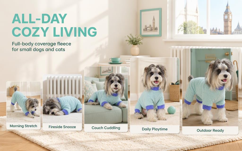 Text reads 'ALL-DAY COZY LIVING Comfort essentials for small dogs and cats' with product icons. Four pet beds shown in blue fabric with dogs inside, labeled: Warming Basket, Fireside Nook, Covent Cushion, Sofa Platform, Chesterfield Basket.