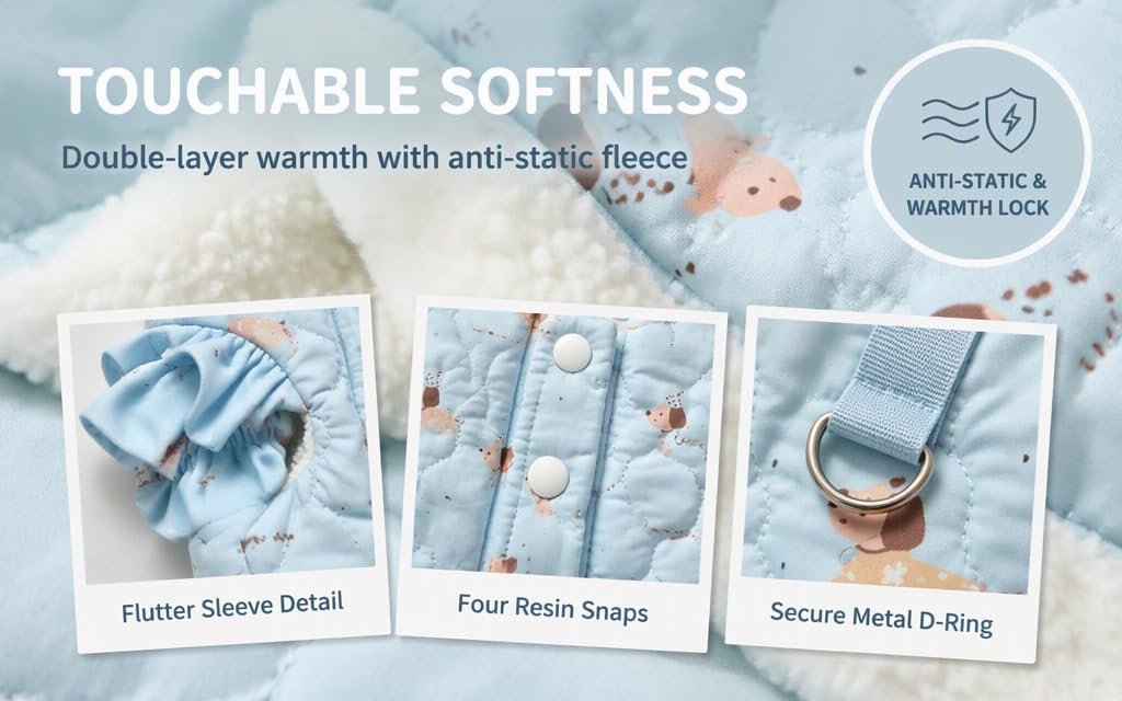 Text reads 'TOUCHABLE SOFTNESS', 'Double-layer warmth with anti-static fleece', 'Flutter Sleeve Detail', 'Four Seam Snaps', 'Secure Metal D-Ring', 'ANTI-STATIC &amp; WARMTH DESIGN'. Light blue children's blanket or sleeping wear with cute animal prints and product feature callouts.