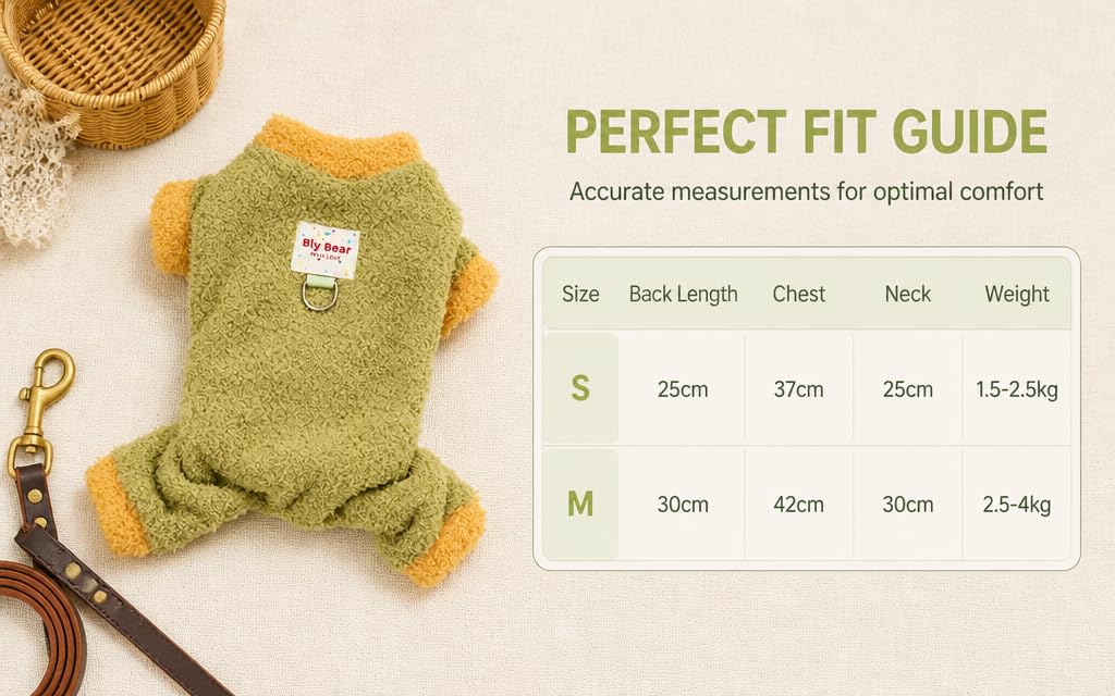 Text reads 'PERFECT FIT GUIDE' with subtitle 'Accurate measurements for optimal comfort'. Green pet sweater with sizing chart showing measurements for sizes S and M by Back Length, Chest, Neck, and Weight.